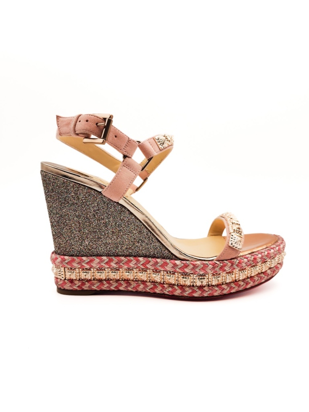 Christian Louboutin Pink Rose Gold Glitter Espadrille Platform Sandals EU 36